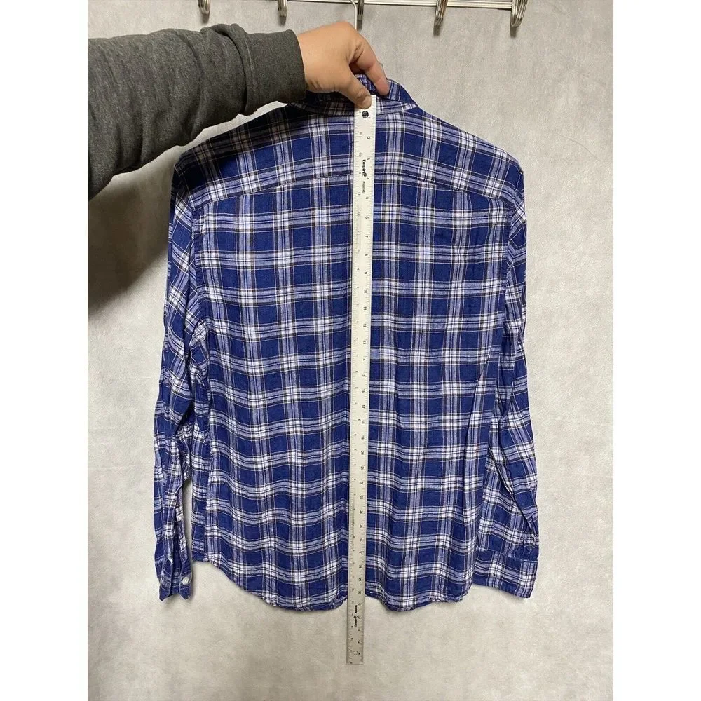 Banana Republic Shirt Men L Blue‎ Plaid Linen Button Up Camden Standard Casual